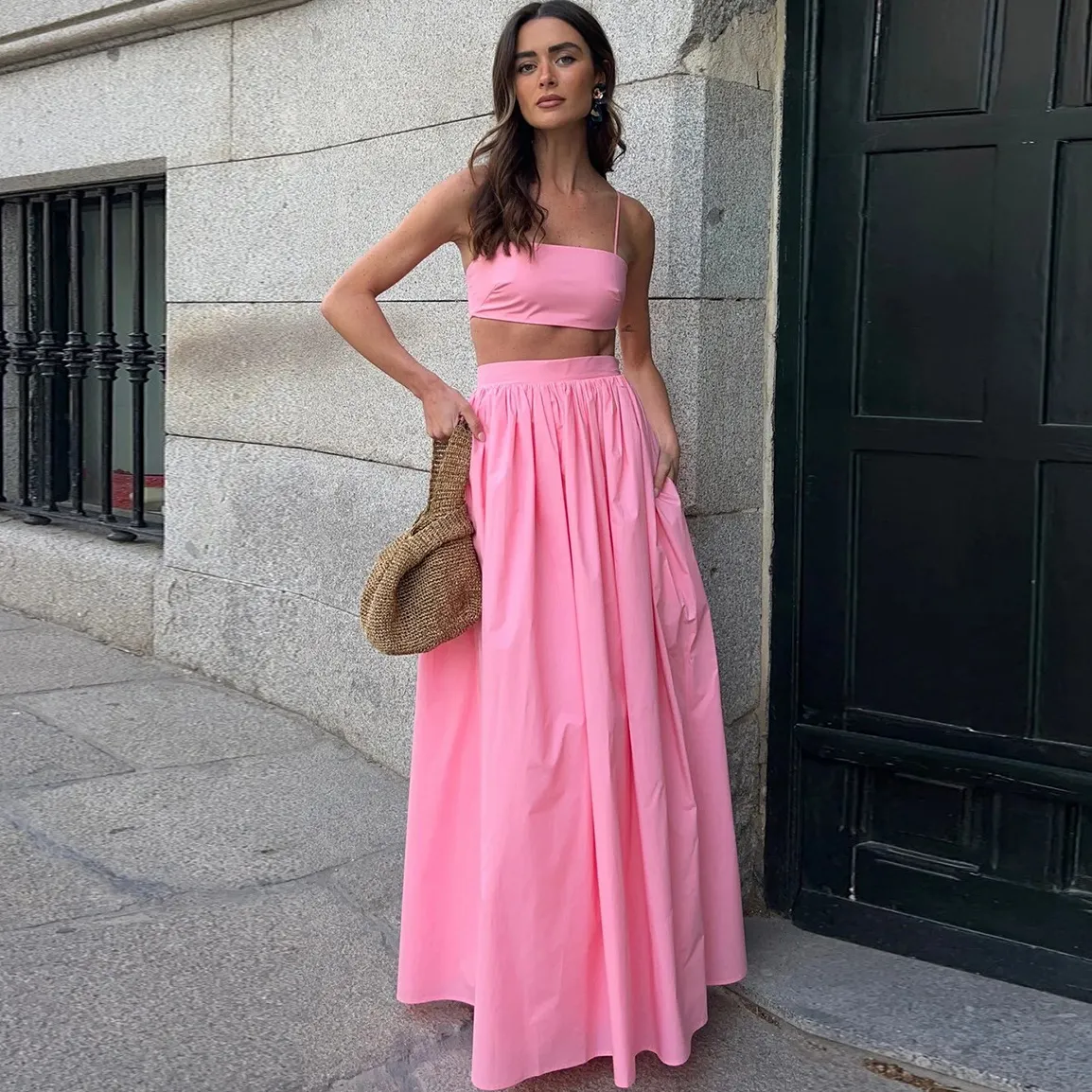 Women Fashion Sexy Solid Color Cotton Camisole Maxi Loose Skirt Two-Piece Set