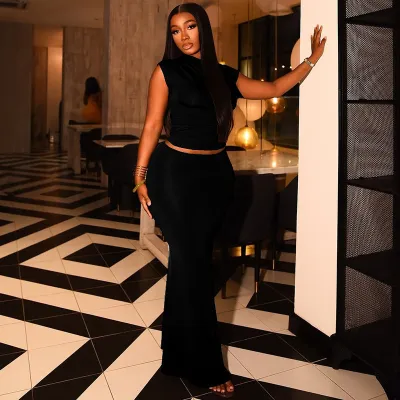 Women Fashion Casual Summer Solid Color Oblique Collar Short-Sleeve T-Shirt High Waist Maxi Skirt Two-Piece Set
