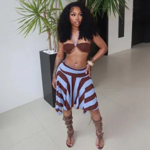 Women Fashion Sexy Summer Vacation Printed Halter-Neck Bra Irregular Mini Skirt Two-Piece Set