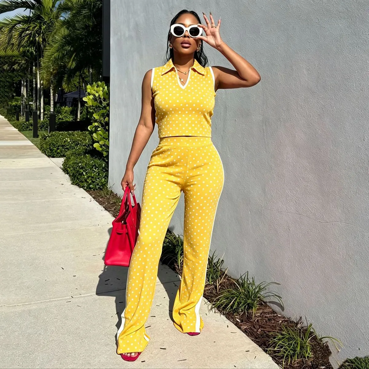 Women Fashion Casual Polka Dot Print Lapel Short-Sleeve Top Split Pants Two-Piece Set