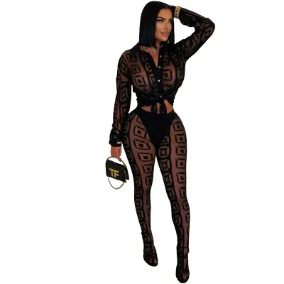 Women Fashion Sexy Printed Mesh Perspective Long-Sleeve Lace-Up Blouse Tight Pants Two-Piece Set