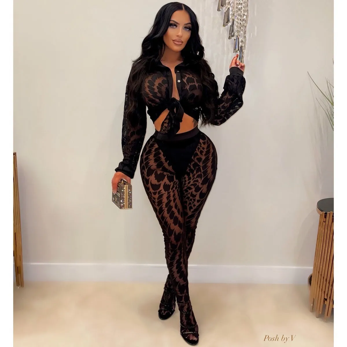 Women Fashion Sexy Printed Mesh Perspective Long-Sleeve Lace-Up Blouse Tight Pants Two-Piece Set