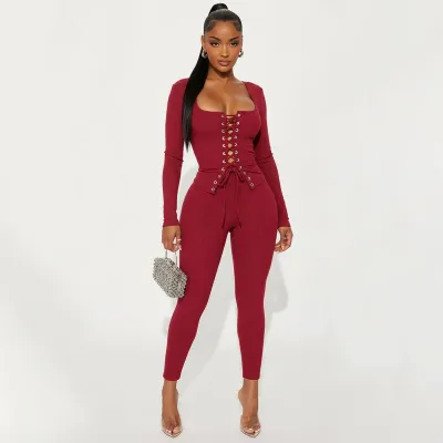 Women Fashion Casual Solid Color Chest Strap Long-Sleeve Top Slim-Fit Pants Two-Piece Set