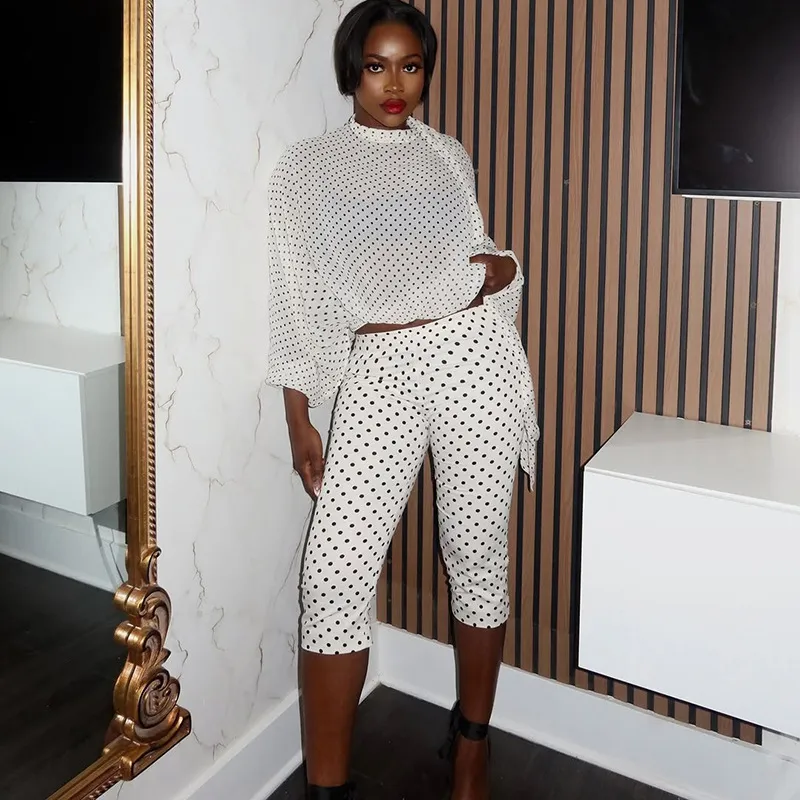 Women Fashion Casual Summer Polka Dot Print Loose Long-Sleeve T-Shirt Top Slim Fit Pants Two-Piece Set