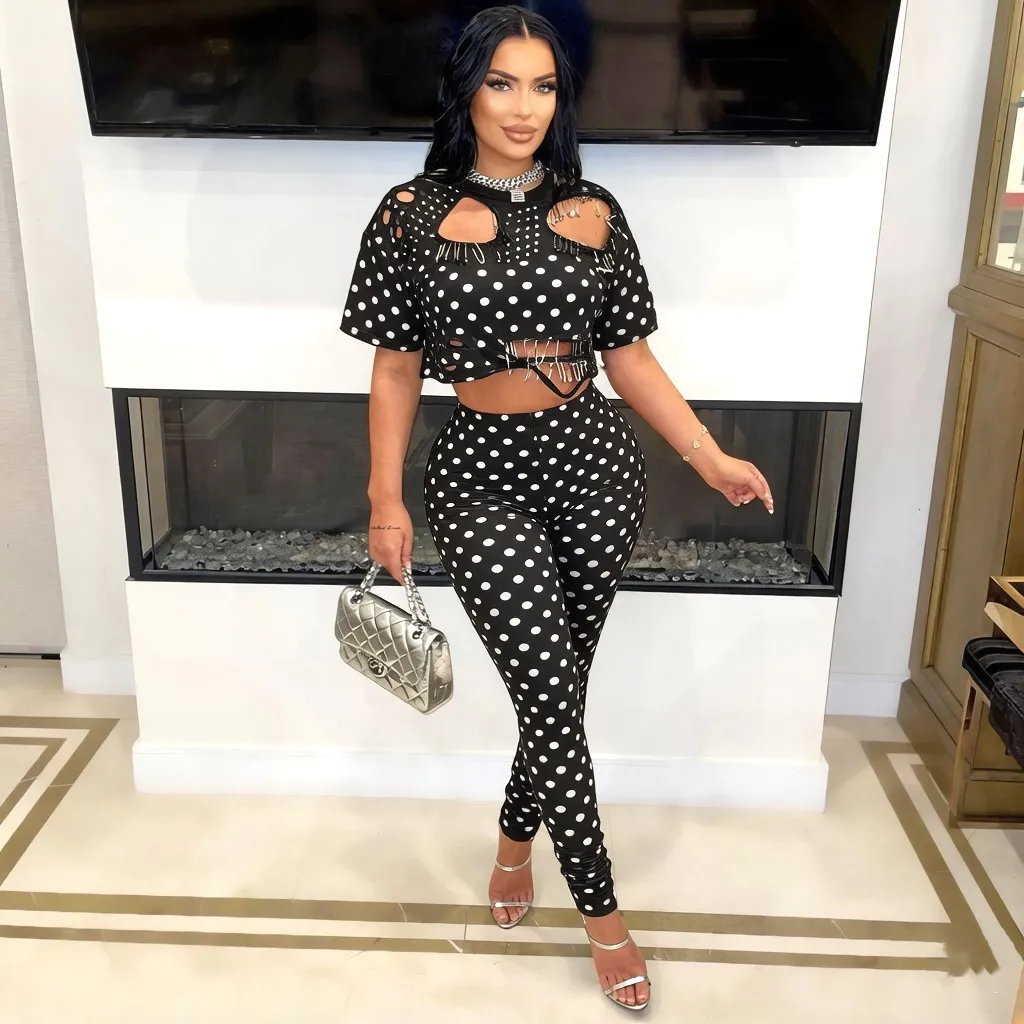 Women Fashion Sexy Polka Dot Print Round Neck Broken Pin Short-Sleeve T-Shirt Tight Pants Two-Piece Set
