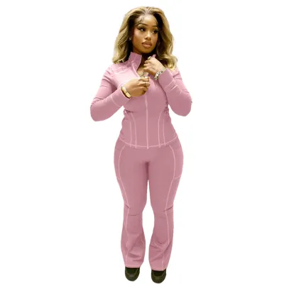Women Fashion Casual Solid Color Tight Long-Sleeve Jacket Flared Pants Two-Piece Set