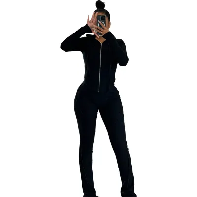 Women Fashion Casual Autumn And Winter Solid Color Thread Long-Sleeve Hoodies Tight Pants Two-Piece Set