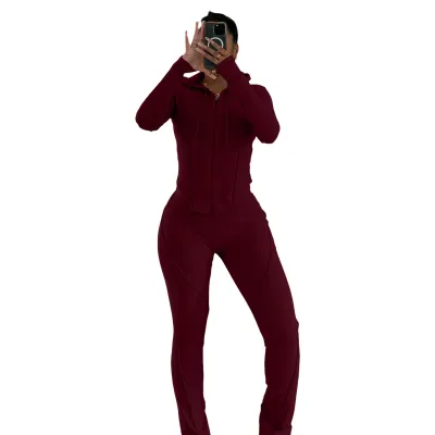 Women Fashion Casual Autumn And Winter Solid Color Thread Long-Sleeve Hoodies Tight Pants Two-Piece Set