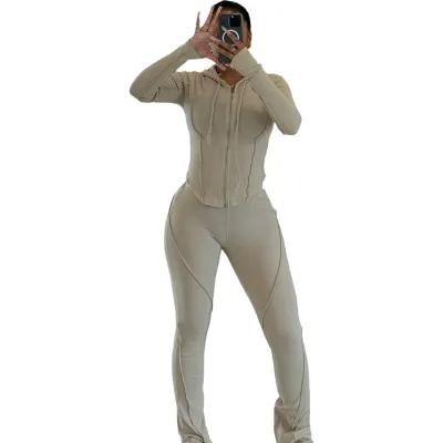 Women Fashion Casual Autumn And Winter Solid Color Thread Long-Sleeve Hoodies Tight Pants Two-Piece Set