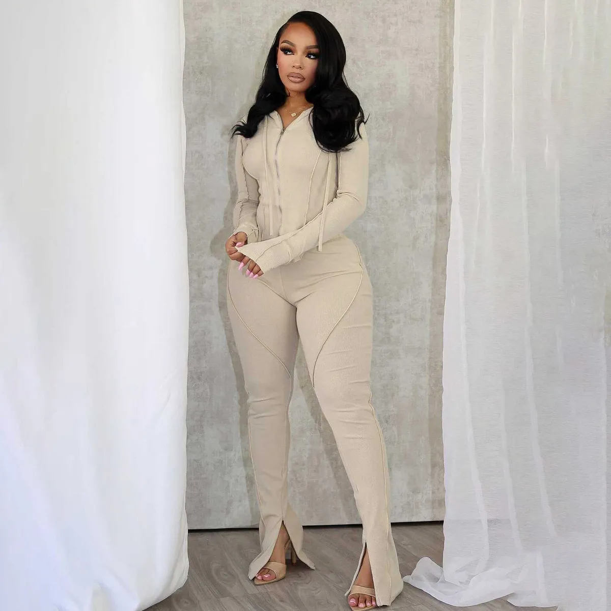 Women Fashion Casual Autumn And Winter Solid Color Thread Long-Sleeve Hoodies Tight Pants Two-Piece Set