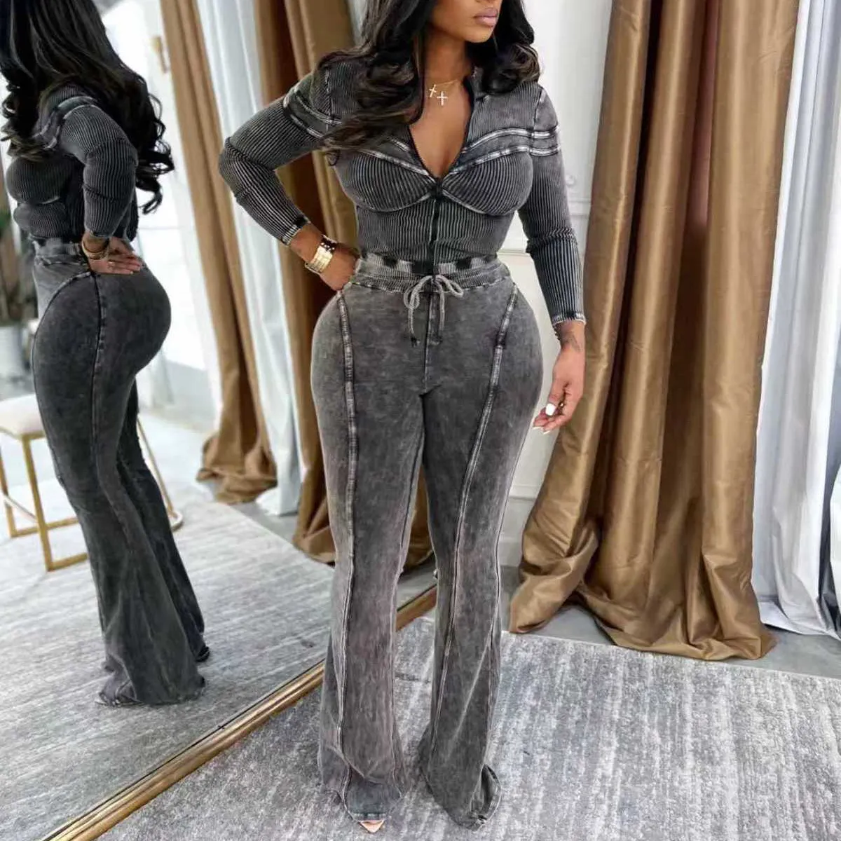 Women Fashion Casual Washed Stitching Long-Sleeve Zipper Jacket Tight Pants Two-Piece Set