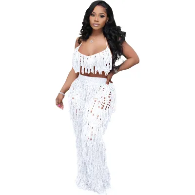 Women Fashion Sexy Solid Color Perspective Knitted Tassel Halter-Neck Bra Pants Two-Piece Set