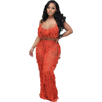 Women Fashion Sexy Solid Color Perspective Knitted Tassel Halter-Neck Bra Pants Two-Piece Set