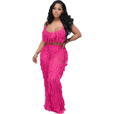 Women Fashion Sexy Solid Color Perspective Knitted Tassel Halter-Neck Bra Pants Two-Piece Set