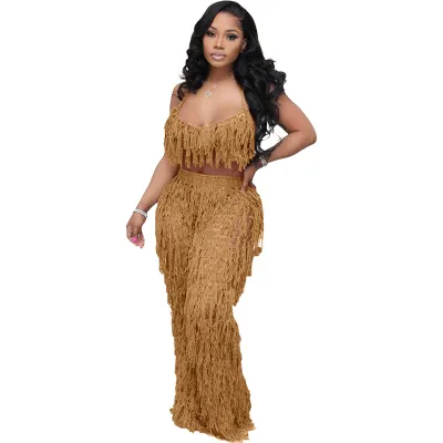 Women Fashion Sexy Solid Color Perspective Knitted Tassel Halter-Neck Bra Pants Two-Piece Set