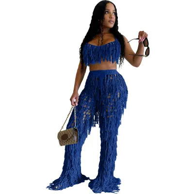 Women Fashion Sexy Solid Color Perspective Knitted Tassel Halter-Neck Bra Pants Two-Piece Set
