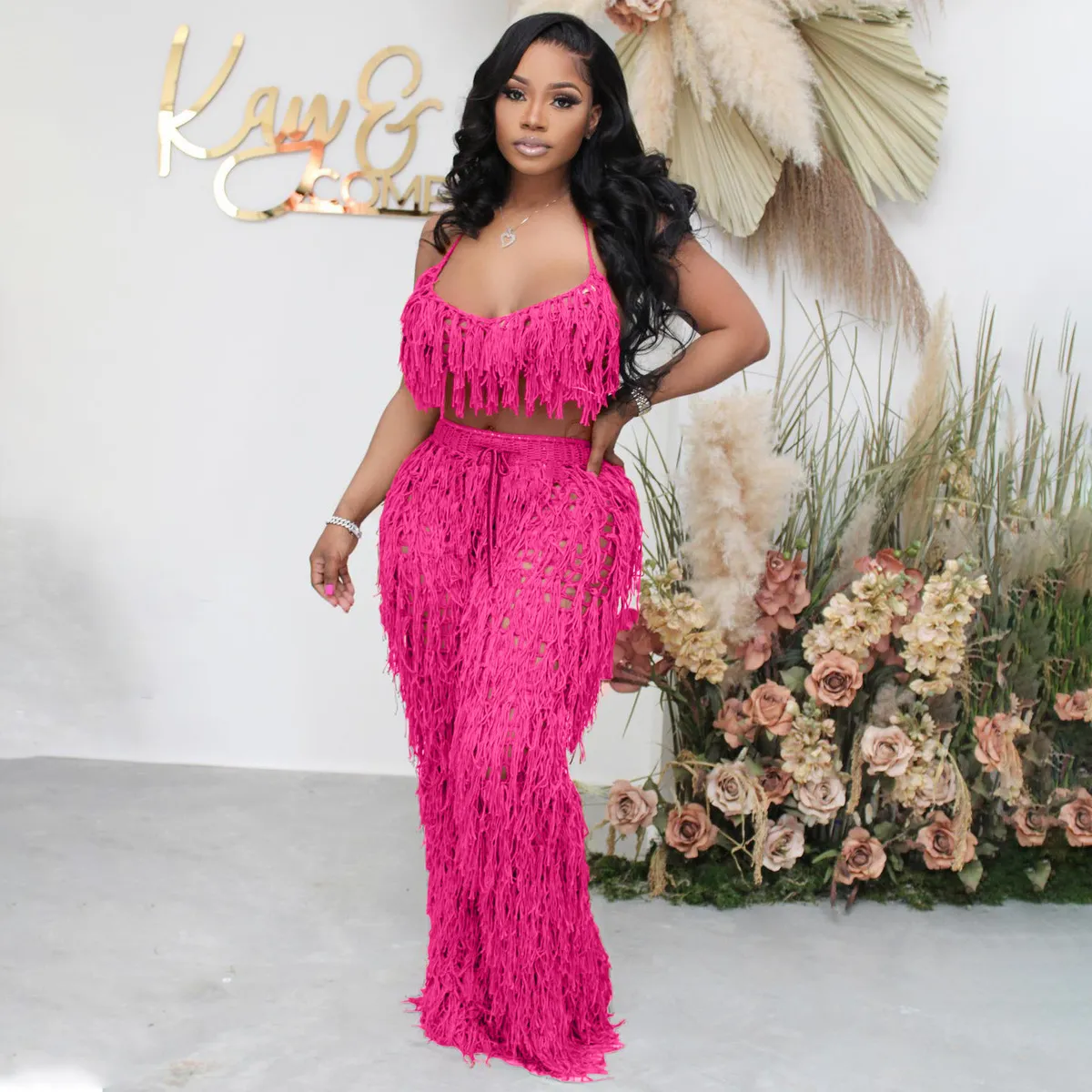 Women Fashion Sexy Solid Color Perspective Knitted Tassel Halter-Neck Bra Pants Two-Piece Set