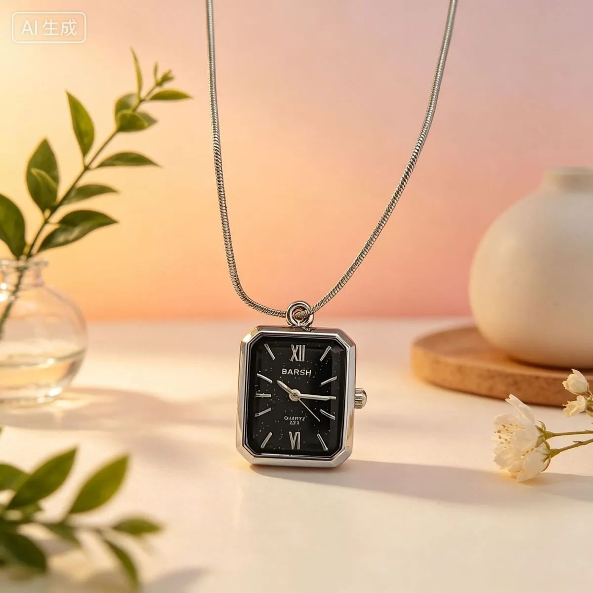 Women's Fashion Square Watch Pendant Necklace
