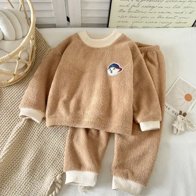 Boys Girls Kids Autumn Winter Double-Sided Velvet Warm Long Sleeve Pajamas Set with Cartoon Animal Pattern
