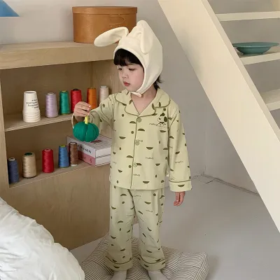 Kids Boys And Girls Fashion Casual Cotton Printed Laple Long-Sleeve Cardigan Pants Pajamas Two-Piece Set