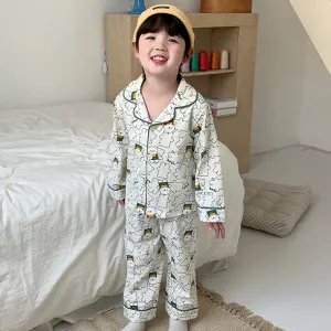 Kids Boys And Girls Fashion Casual Cotton Printed Laple Long-Sleeve Cardigan Pants Pajamas Two-Piece Set