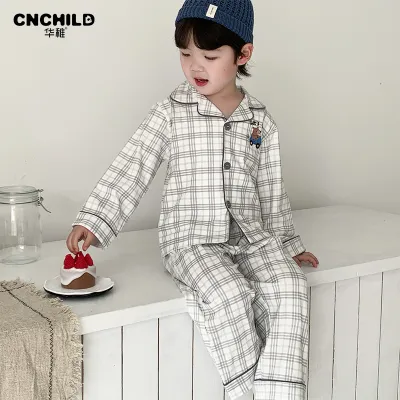 Kids Boys And Girls Fashion Casual Cotton Printed Laple Long-Sleeve Cardigan Pants Pajamas Two-Piece Set