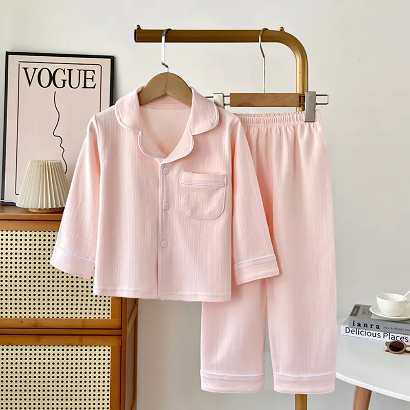 Kids Boys And Girls Fashion Casual Autumn Winter Solid Cotton Lapel Cardigan Pants Pajamas Two-Piece Set