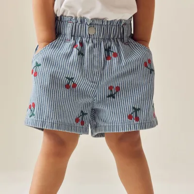 Kids Girls' Fashion Casual Summer Cherry Embroidered Elastic Waist Denim Shorts