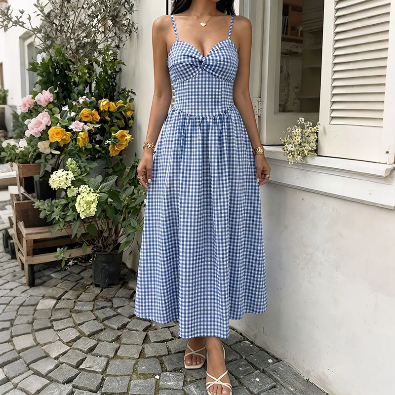 Women Fashion Elegant Summer Plaid V-Neck Spaghetti Strap Backless A- Line Dress