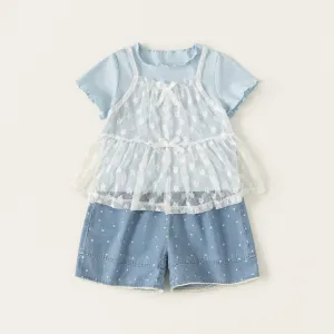 Kids Girls' Fashion Casual Ear-Rimmed Mesh Stitching Fake Two-Piece T-Shirt Loose Shorts Set