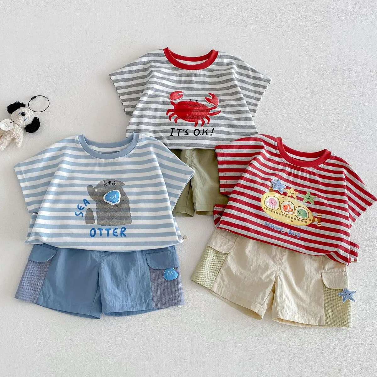 Kids Baby Boys Cartoon Stripe Printed Short-Sleeve T-Shirt Loose Shorts Two-Piece Set Unisex Cotton
