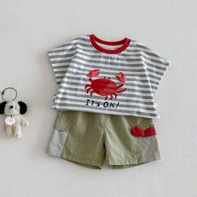 Kids Baby Boys Cartoon Stripe Printed Short-Sleeve T-Shirt Loose Shorts Two-Piece Set Unisex Cotton