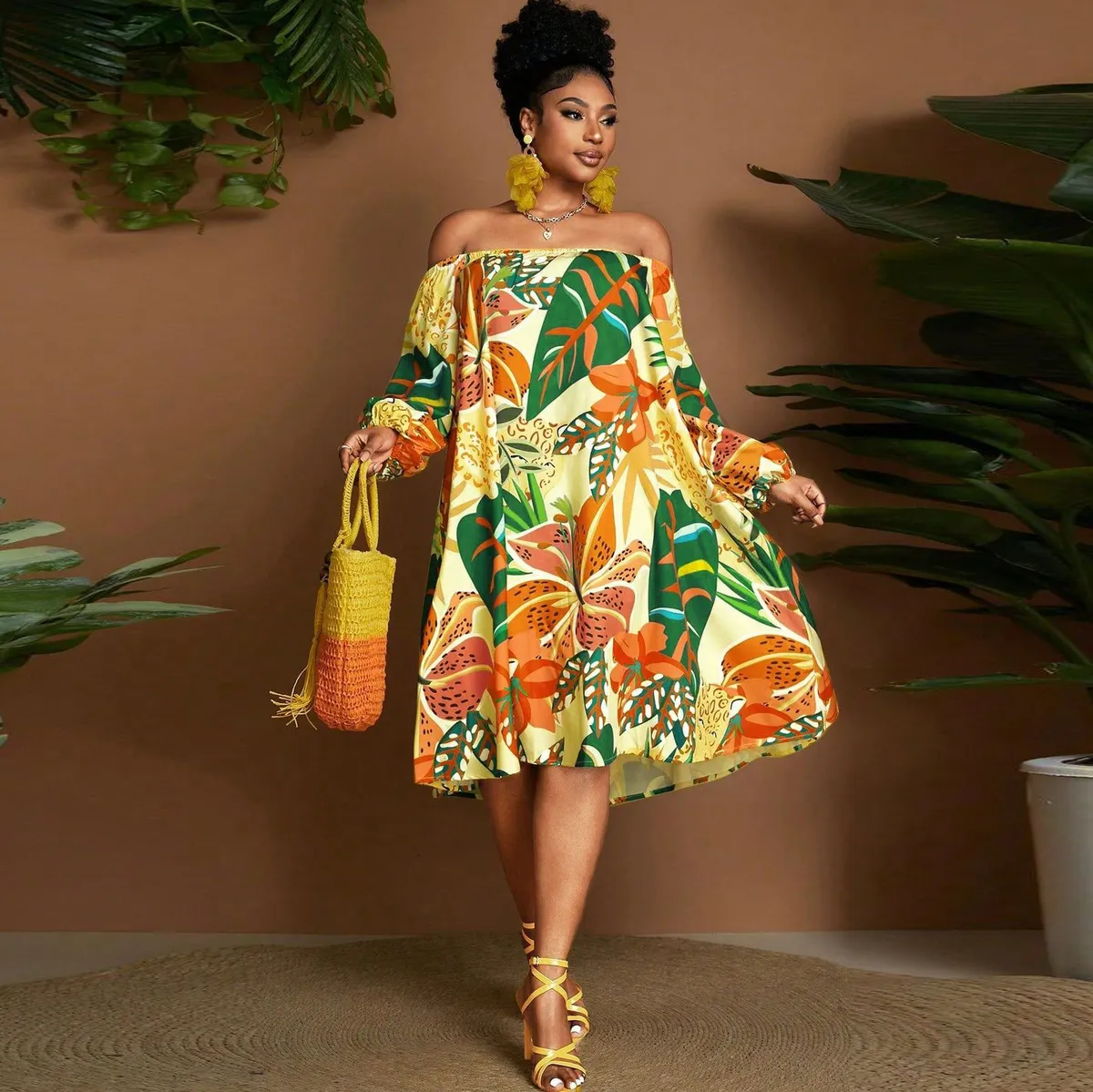 Women Casual Off-Shoulder Long Sleeve Tropical Floral Print Loose-Fit Midi Dress