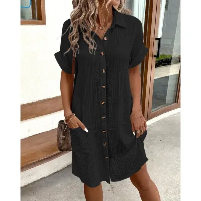 Summer Women Casual Solid Color Simple Single-Breasted Lasel Dress