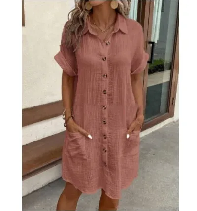 Summer Women Casual Solid Color Simple Single-Breasted Lasel Dress