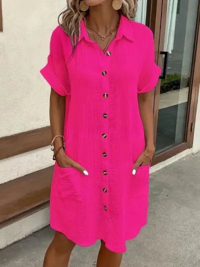 Summer Women Casual Solid Color Simple Single-Breasted Lasel Dress