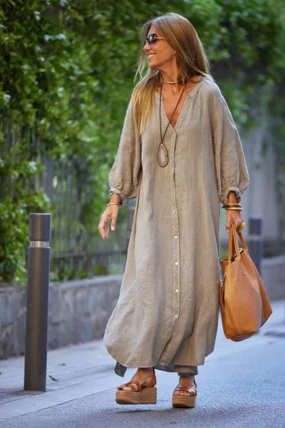 Vacation Women Casual Solid Color Long Sleeve Single-Breasted Maxi Dress