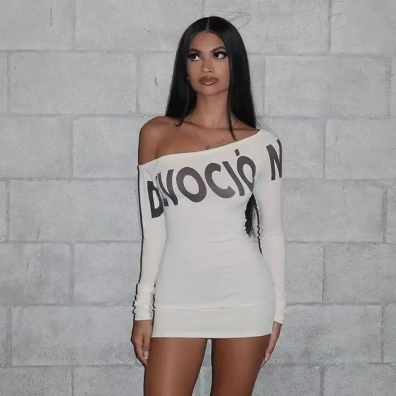 Women Sexy Letter Print Crossover Long Sleeve Mini Dress