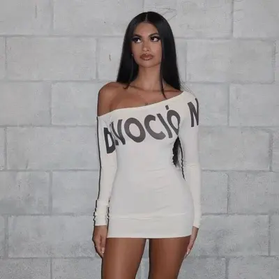 Women Sexy Letter Print Crossover Long Sleeve Mini Dress