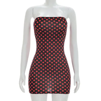 Women Sexy Polka Dot Print Strapless Sleeveless Mini Dress