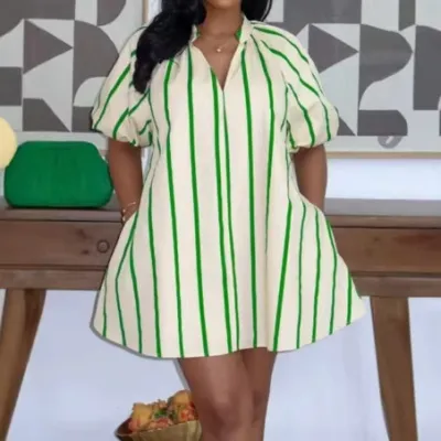 African Women Casual Stripe Print V-Neck Short Sleeve Dress
