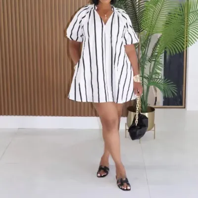 African Women Casual Stripe Print V-Neck Short Sleeve Dress