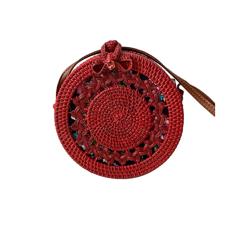 Women Fashion Casual Red Hollow-Out Round Vacation Straw Crossbody Bags