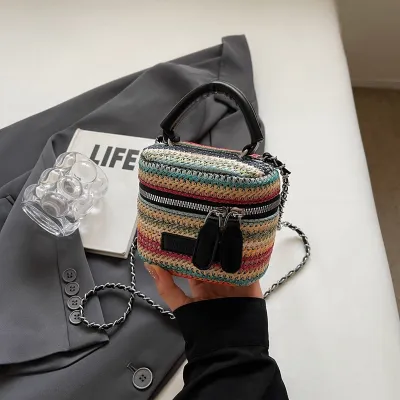 Women Fashion Casual Rainbow Stripe Woven Chain Vacation Straw Crossbody Bags