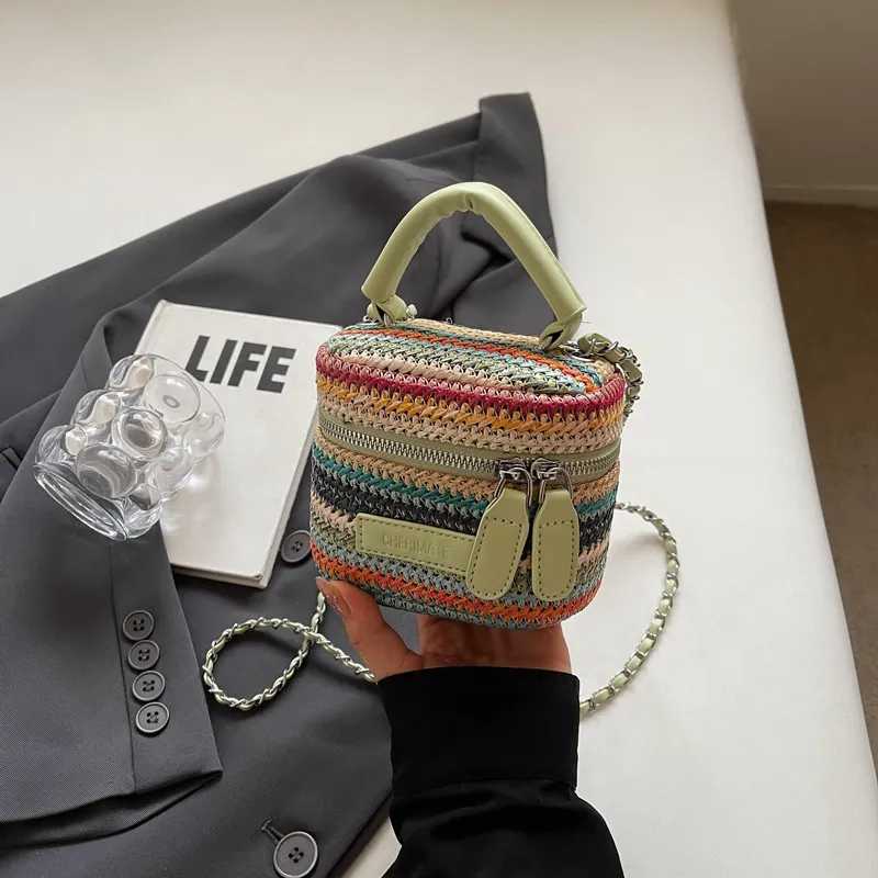 Women Fashion Casual Rainbow Stripe Woven Chain Vacation Straw Crossbody Bags