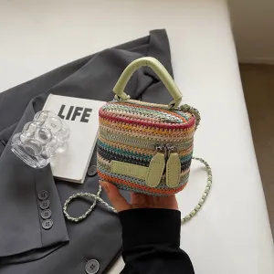 Women Fashion Casual Rainbow Stripe Woven Chain Vacation Straw Crossbody Bags