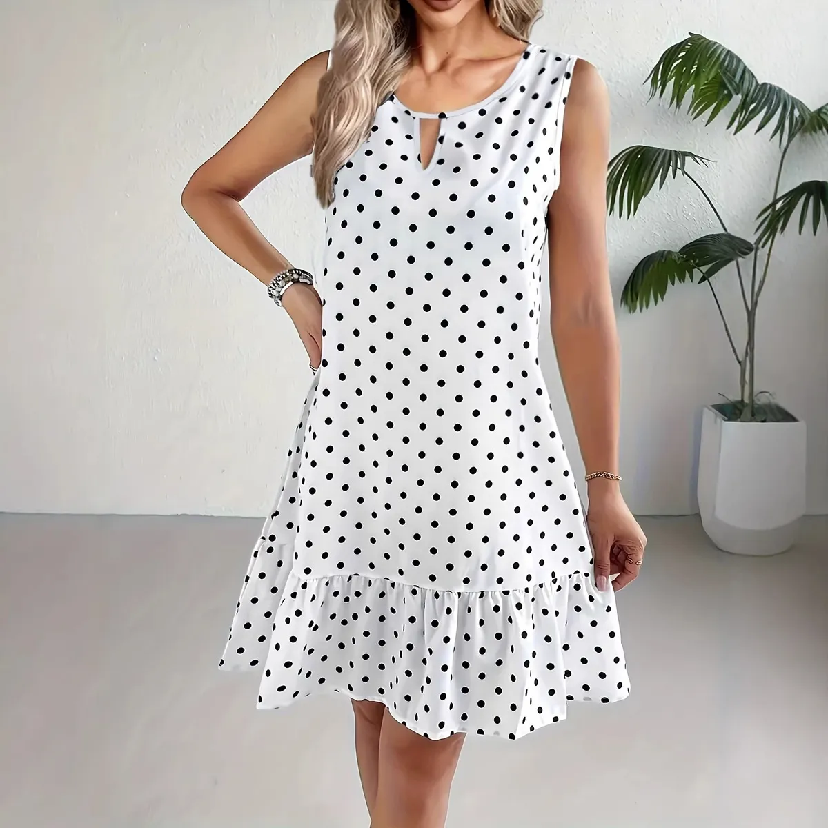 Women'S Casual Polka Dot Sleeveless Ruffled Dress