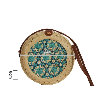 Women Fashion Casual Rattan Handmade Woven Flower Round Pu Leather Vacation Straw Shoulder Bags
