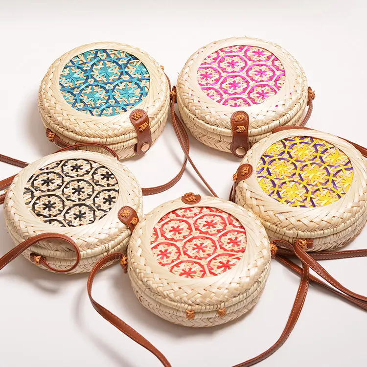 Women Fashion Casual Rattan Handmade Woven Flower Round Pu Leather Vacation Straw Shoulder Bags