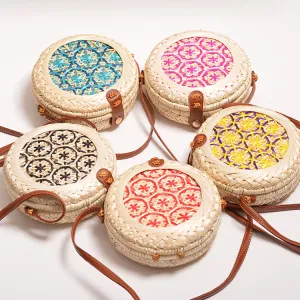 Women Fashion Casual Rattan Handmade Woven Flower Round Pu Leather Vacation Straw Shoulder Bags